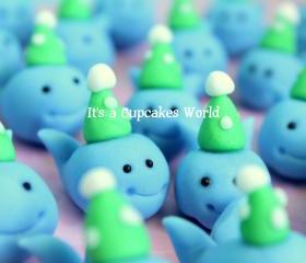 12 Fondant Whale Cupcake Toppers Party hat / spout water design